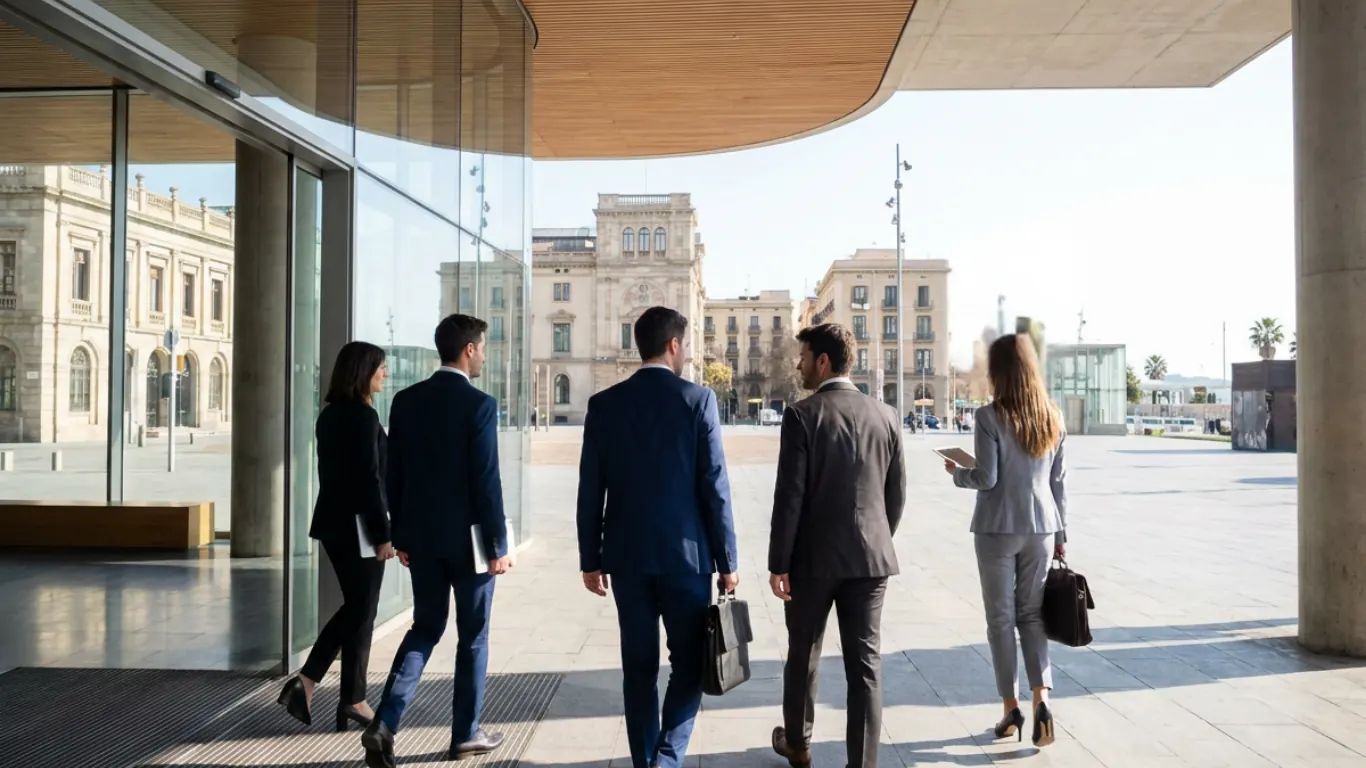 An executive group leaving a modern building onto a Barcelona square