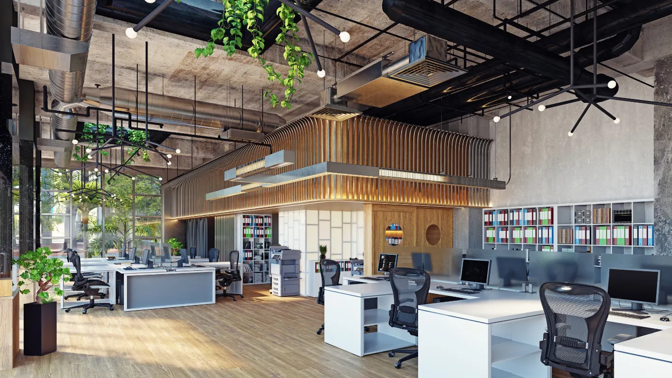 Open newsroom-style office with workstations and archives