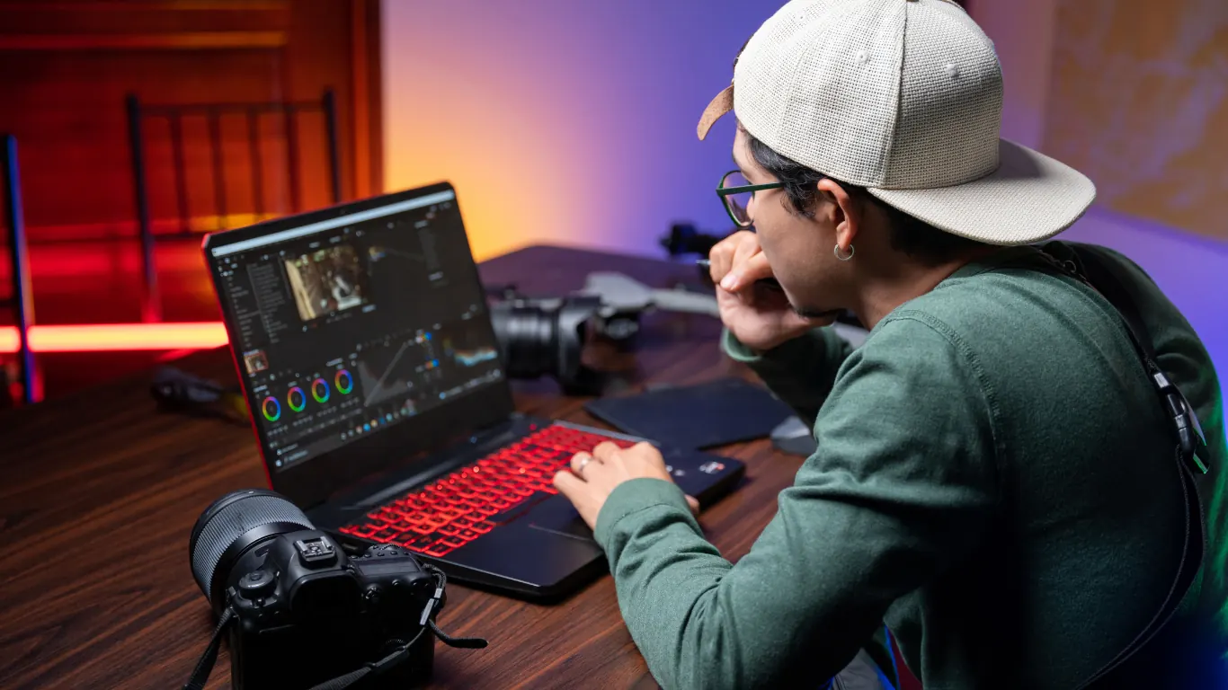 Video editing station with a laptop and cameras