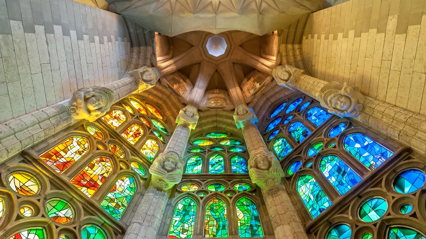 Stained glass inside an architectural landmark in Barcelona