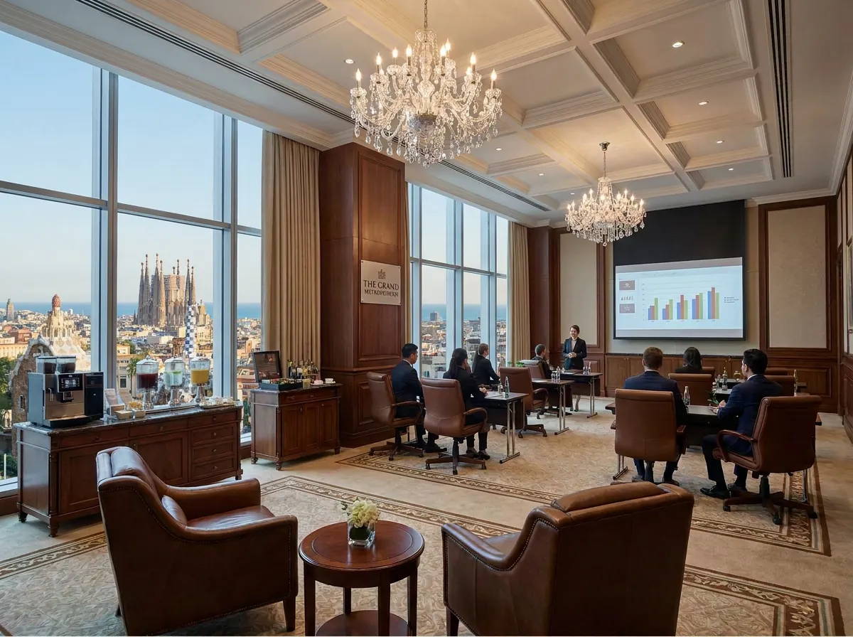 Meeting room in a Barcelona hotel with a screen showing a data dashboard