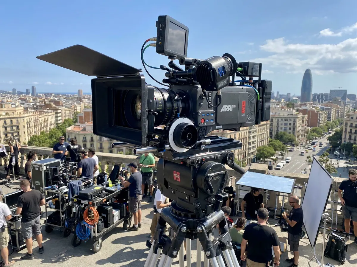 Professional camera on a field shoot overlooking Barcelona