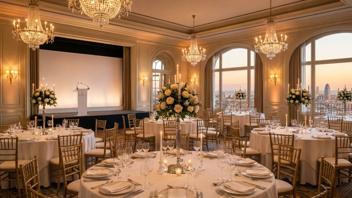 Hotel event hall set up, overlooking Barcelona